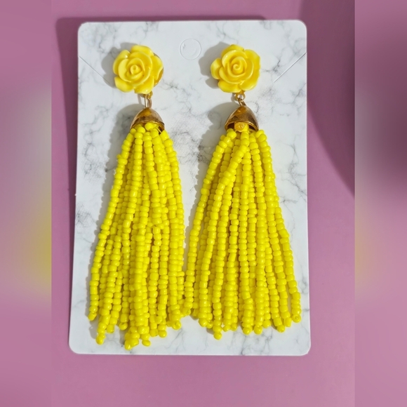 Yellow Rose Beaded Tassel Drop Earrings - Picture 6 of 14